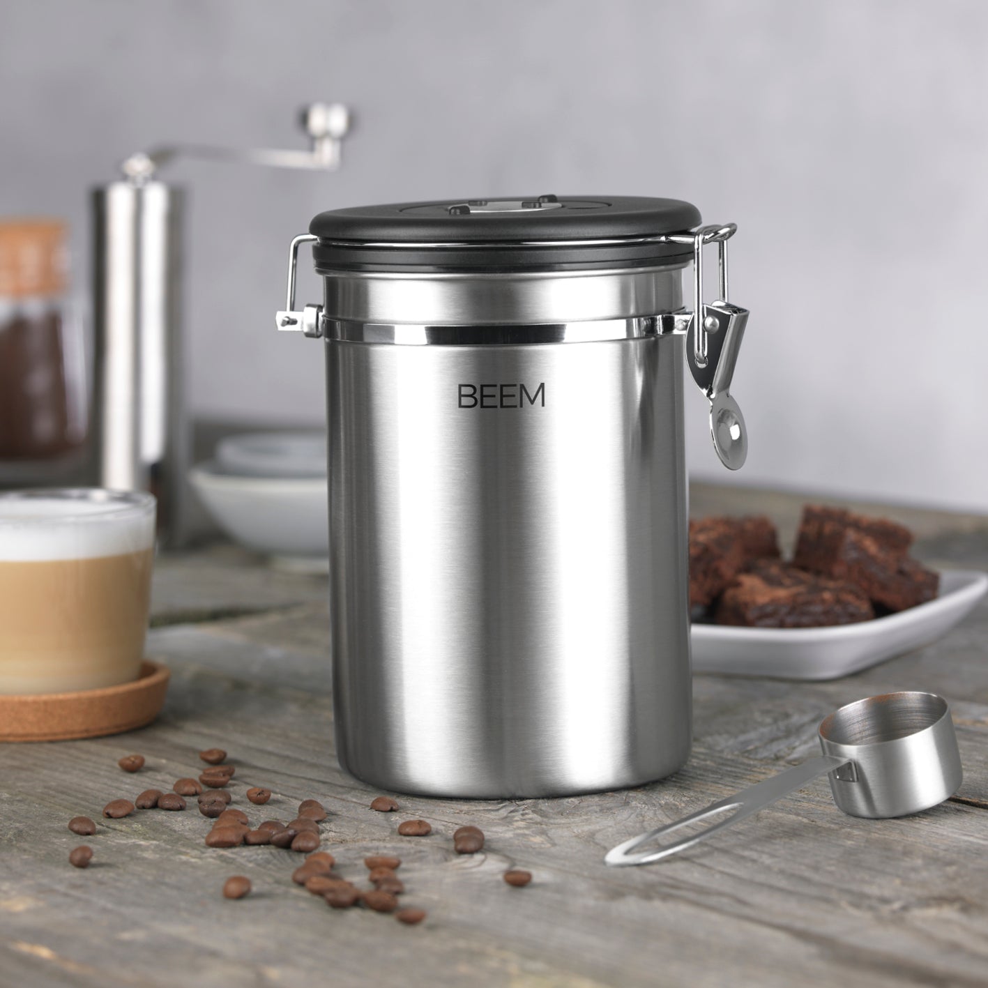 KAFFEEDOSE Vorratsdose mit Dosierlöffel - 1,9 l - 3er-Set aus Edelstahl mit luftdichtem Bügelverschluss und Frischeschutzventil.
