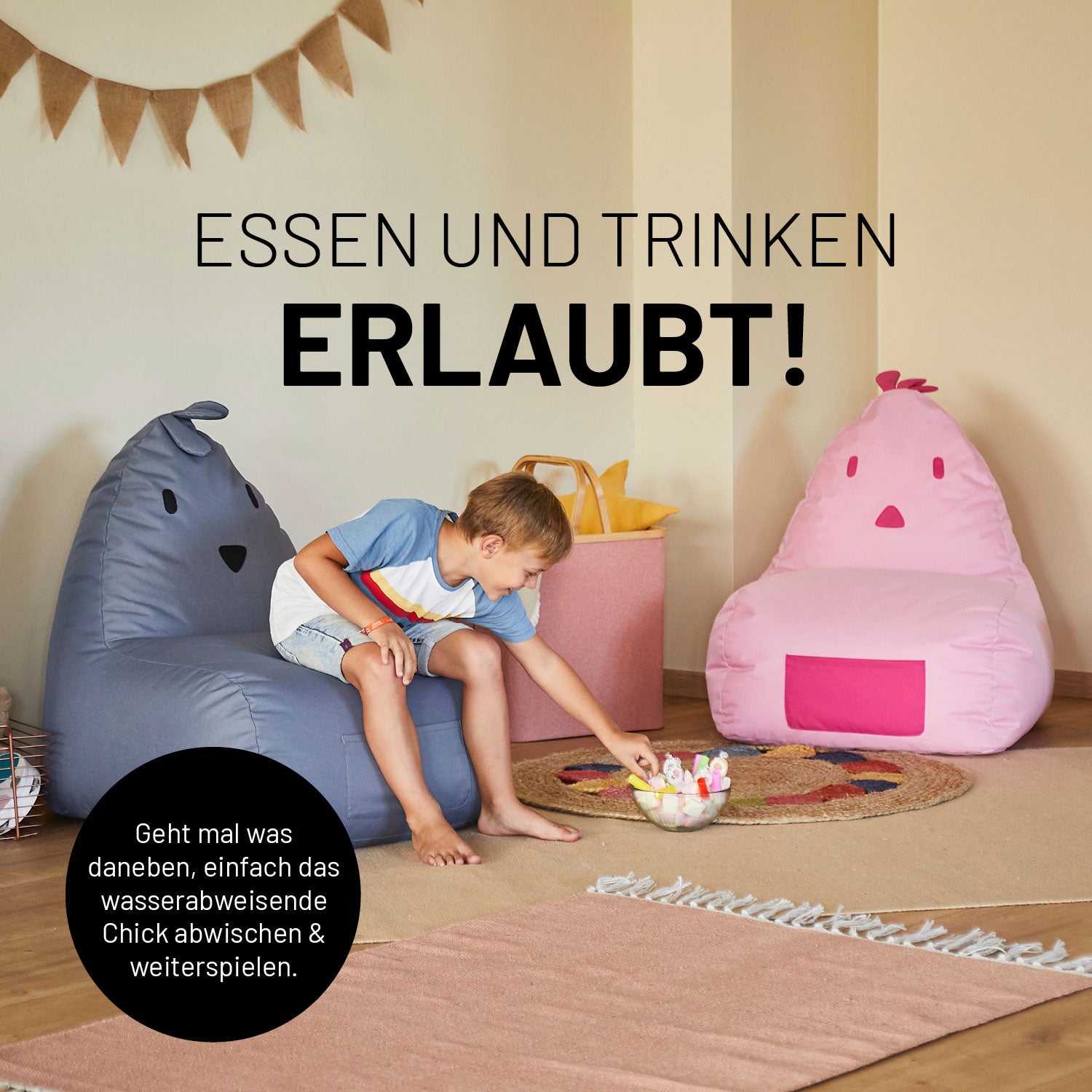 Kindersitzsack Animal Line Chick (200 L) in Senfgelb, wasserabweisend, weich und robust für drinnen und draußen.