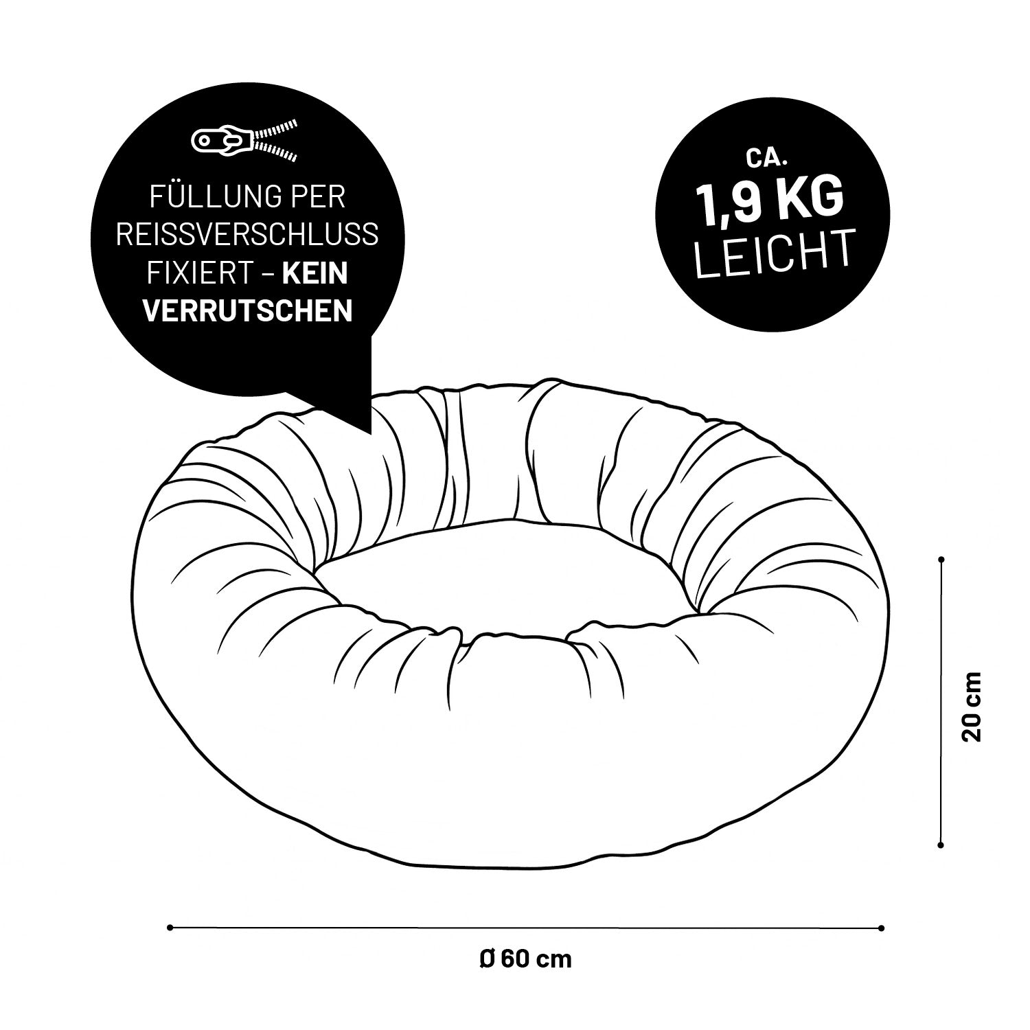 Skizze Komfort-Katzenbett aus der LUMALAND Cord-Reihe - Ø 60 cm - Rosé mit Reißverschlussfixierter Füllung und Maßen 60x20 cm, ca. 1,9 kg leicht.