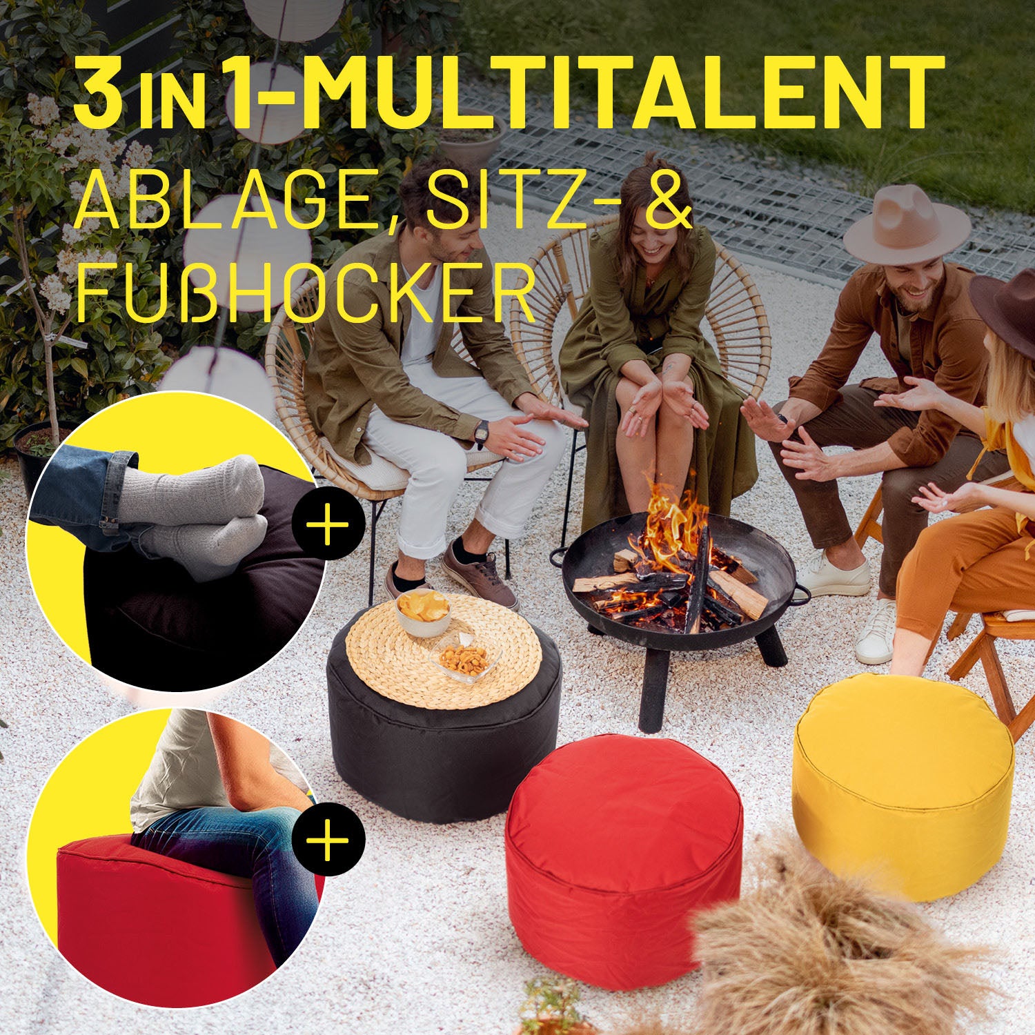 EM 2024 3er Deutschland-Set – robuster Pouf in Schwarz, Rot & Gelb als Sitzhocker, Fußschemel und Ablage für Indoor & Outdoor.