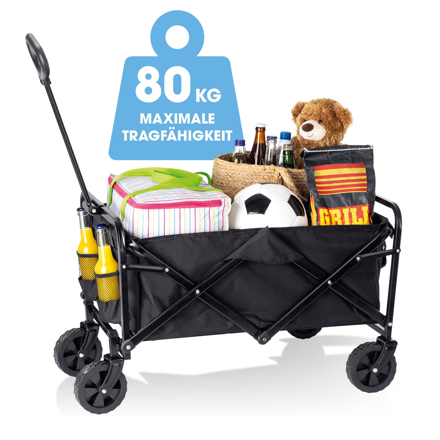 Bollerwagen mit kleinen Rädern - faltbar, stabiler Stahlrohrrahmen, 360° Vorderräder, bis 80 kg Tragfähigkeit, gefüllt mit Picknick- und Spielutensilien.