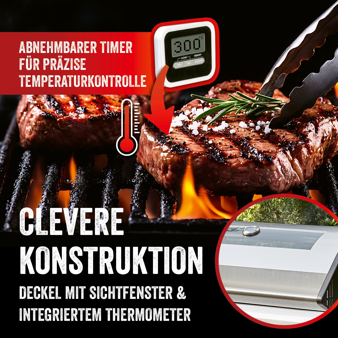 Gasgrill Rexon 6.1 cooK Edelstahl mit integriertem Thermometer, abnehmbarem Timer und Sichtfenster für präzise Temperaturkontrolle.