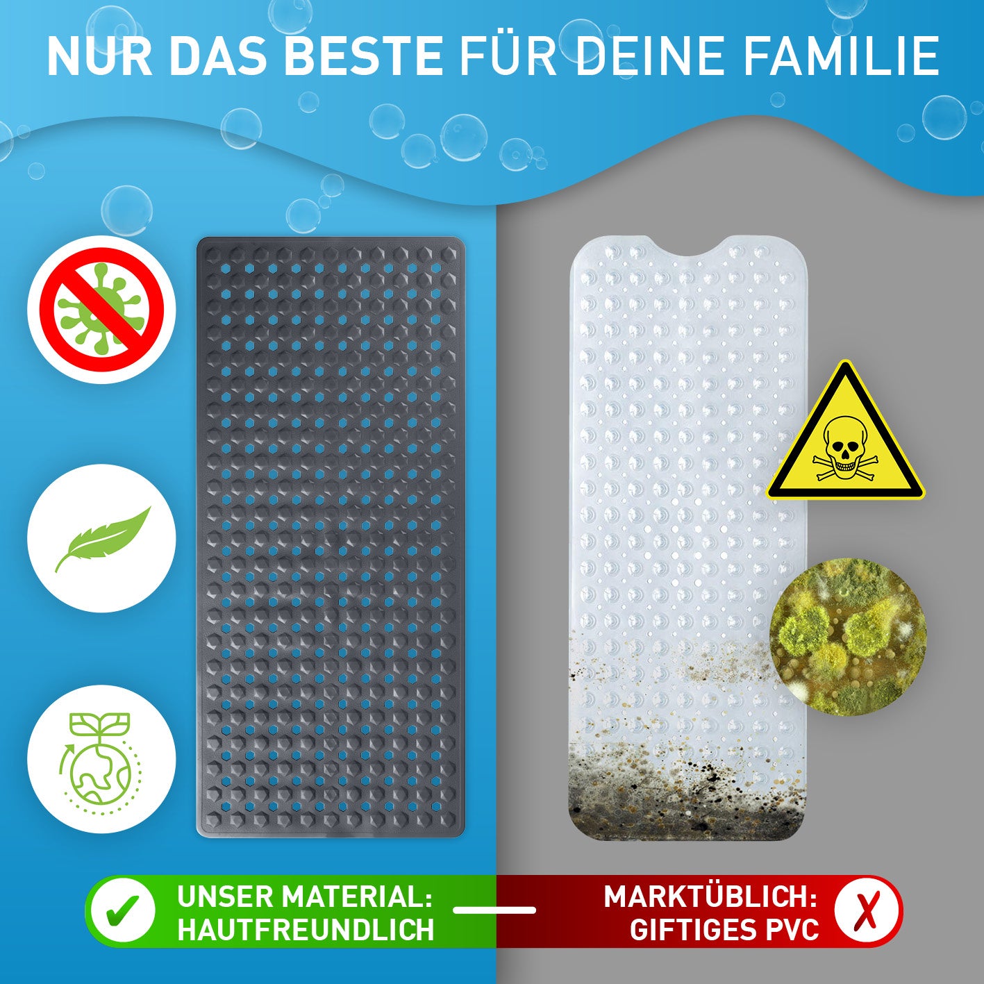 Badewannenmatte 88 x 40 cm – Dunkelgrau mit hautfreundlichem, rutschfestem Material und starken Saugnäpfen für sicheren Halt im Bad.