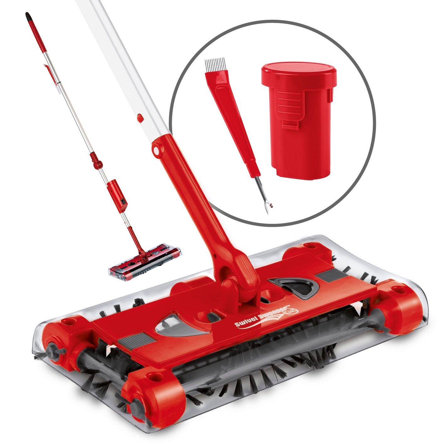 Swivel Sweeper G 2 Akkubesen kabellos - Rot mit 4 rotierenden Bürsten und 360° drehbarem Kopf für einfaches, flexibles Reinigen.