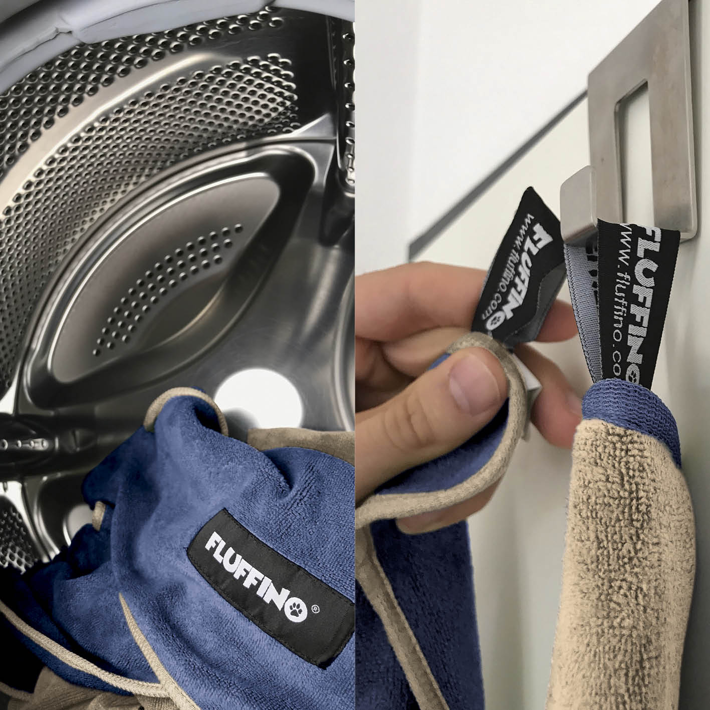Hundehandtuch Mikrofaser – 4er-Pack Beige & Blau, extra saugfähig, schnell trocknend, weich, handlich mit FLUFFINO-Label.