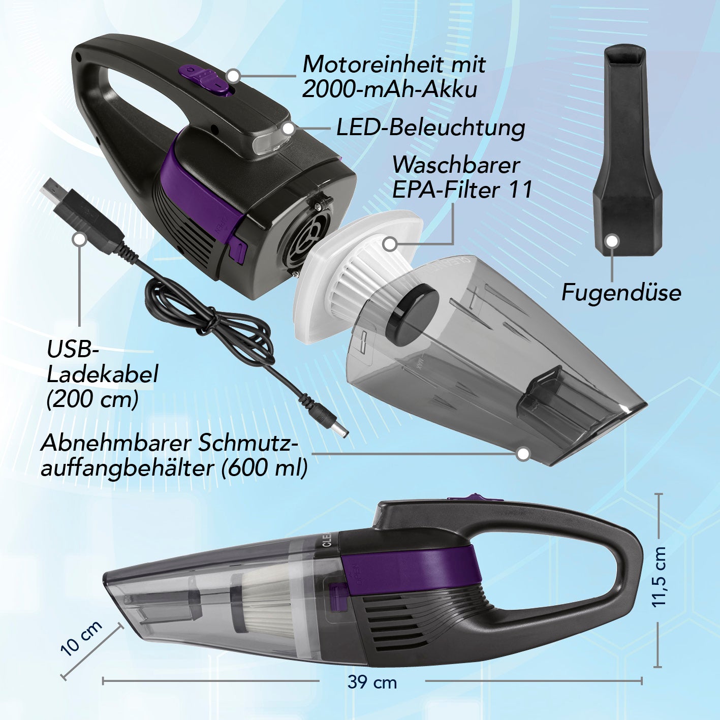 Akku-Handstaubsauger kabellos mit 2000 mAh Akku, LED-Licht, EPA-11-Filter, Fugendüse und 600 ml Schmutzbehälter, USB-ladbar.