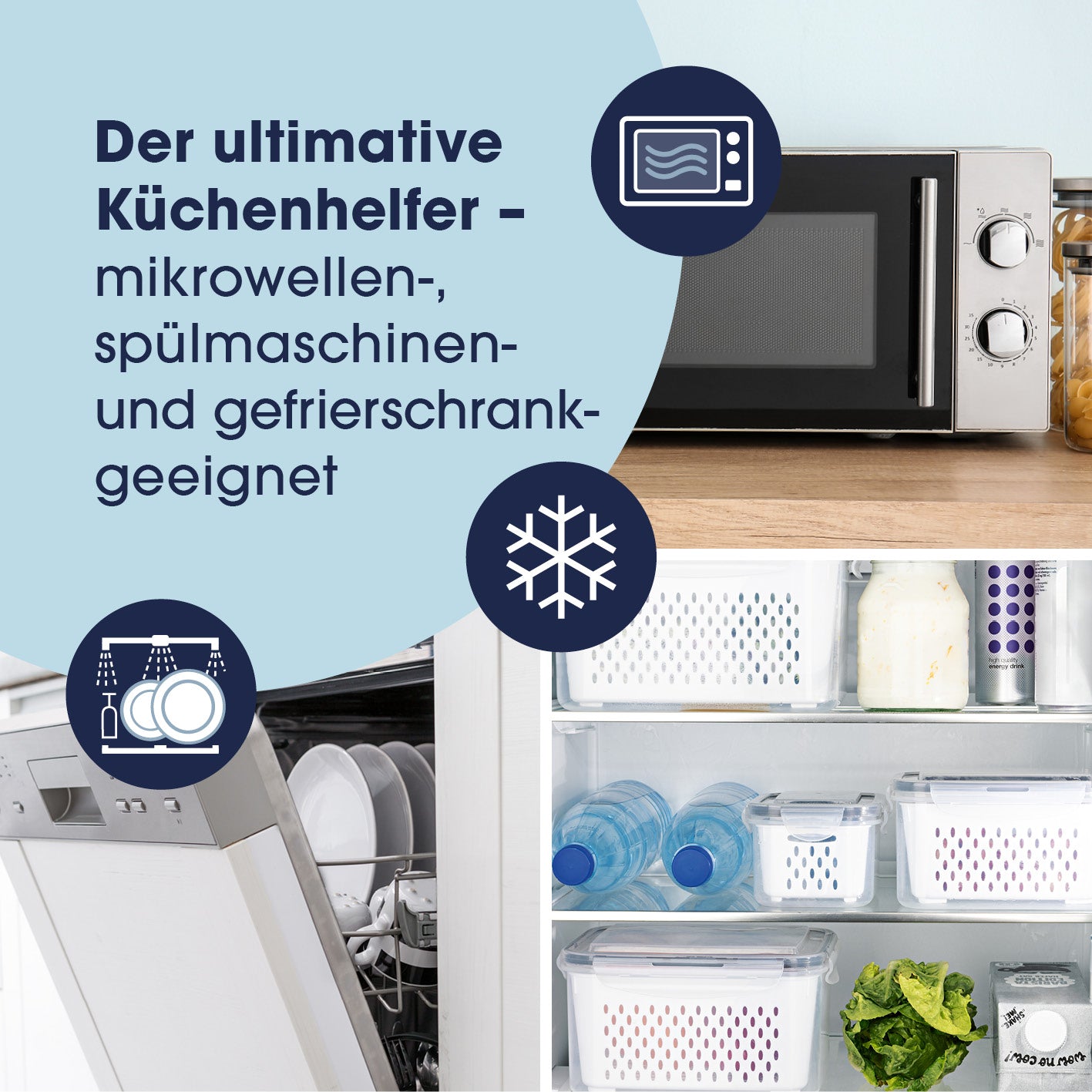 Frischhaltedosen für Kühlschrank mit Abtropfsieb, mikrowellen-, spülmaschinen- und gefrierschrankgeeignet für ordentliche Lebensmittelaufbewahrung.