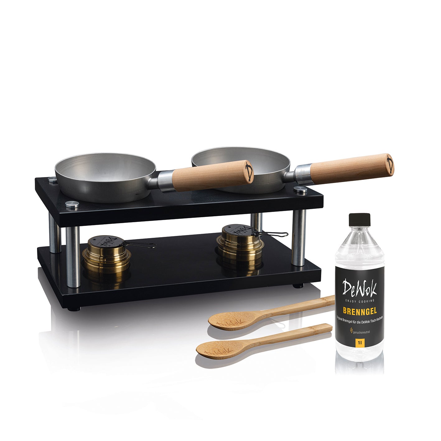 Tisch-Kochset für bis zu 4 Personen - Edelstahl/schwarz mit Pfannen, Brenner und Zubehör für mobiles Kochen ohne Strom.