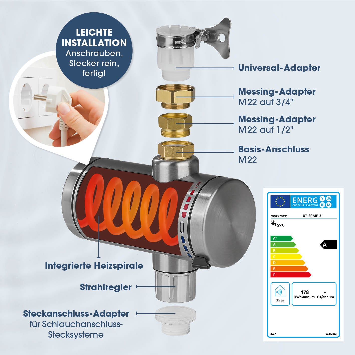 Edelstahl-Durchlauferhitzer mit integrierter Heizspirale, Adaptersets und einfacher Installation für sofort warmes Wasser im Außenbereich.