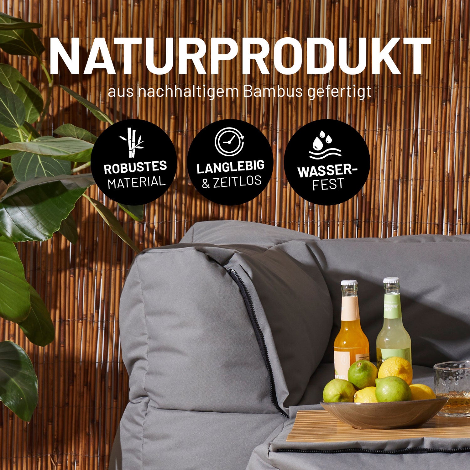 Bambusauflage für Modular-Hocker 54x50x1 cm, langlebig, wasserfest, robust, aus nachhaltigem Bambus, rutschfeste Unterseite, vielseitig als Tisch nutzbar.