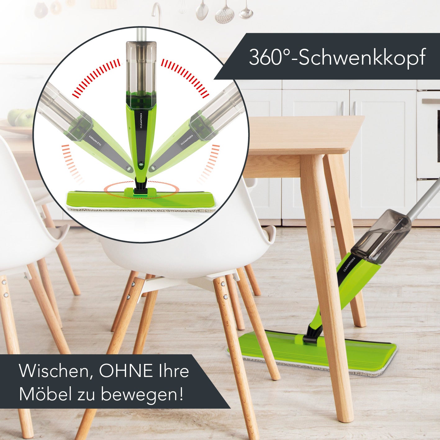 Spray-Mopp - limegreen/schwarz mit 360°-Schwenkkopf für einfaches Wischen auch unter Möbeln ohne diese zu verrücken.