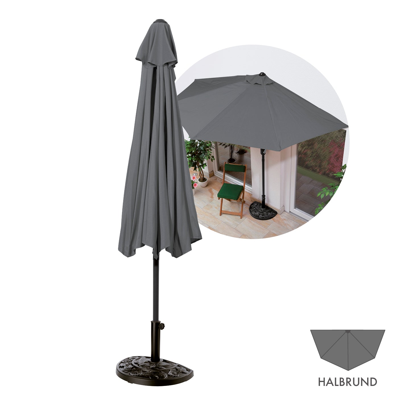 Sonnenschirm mit UV-Schutz mit Sonnenschirmfuß - halbrund 270x140 cm - grau, ideal für kleine Balkone und Terrassen.