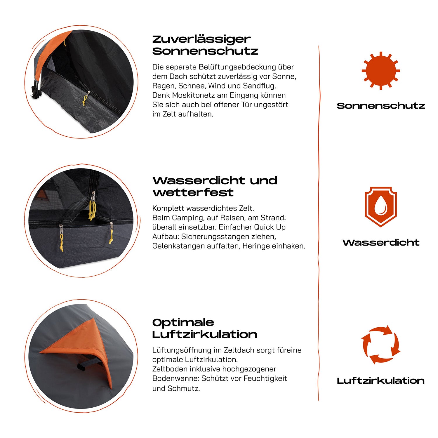2-Personen-Kompakt-Zelt - Pop Up Wurfzelt Trekkingzelt mit Sonnenschutz, wasserdicht und optimaler Luftzirkulation, 245x160x95 cm, grau.