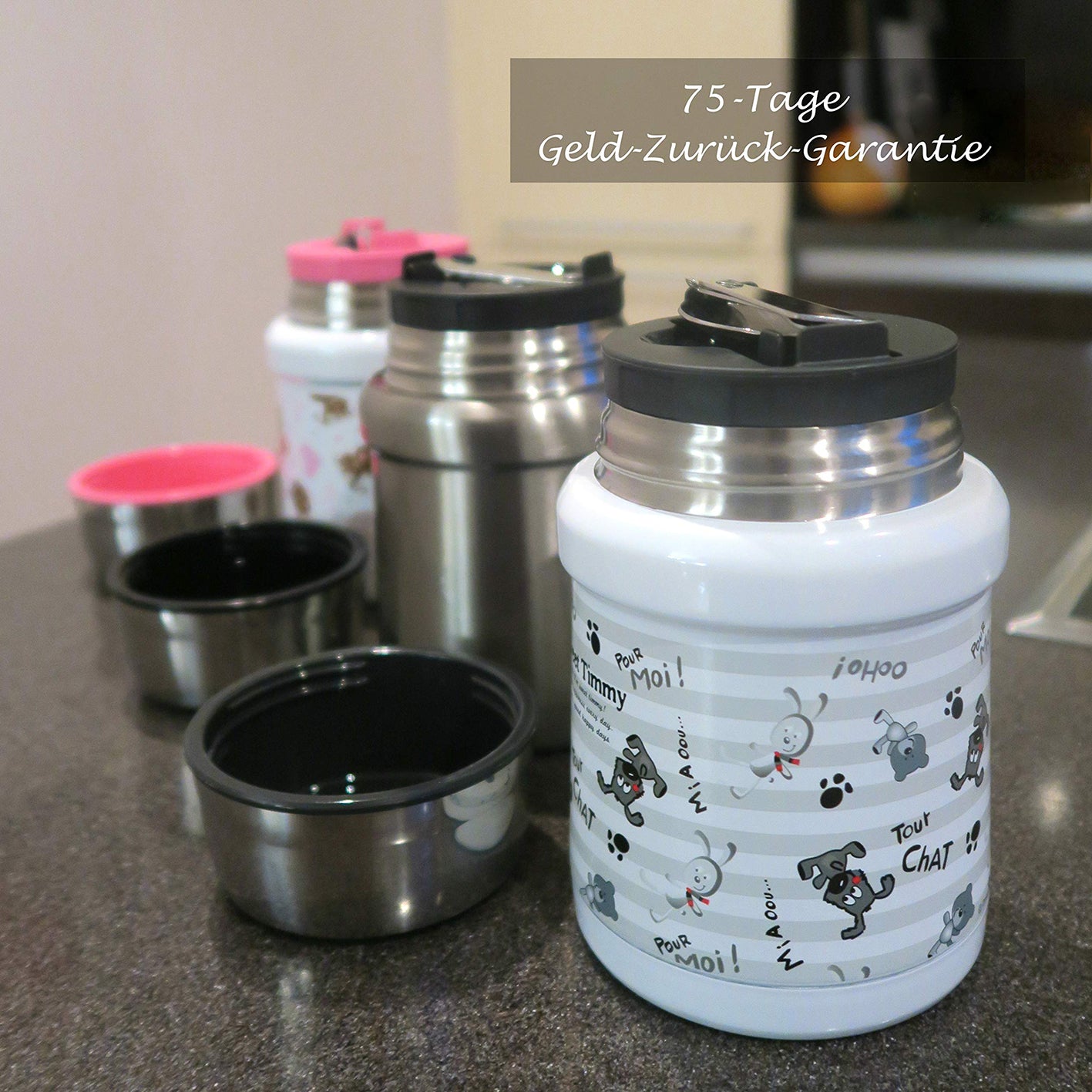 Thermobehälter - 450 ml - Edelstahl - Hunde/Grau isoliert Speisen bis zu 12 Stunden warm und 24 Stunden kalt, auslaufsicher und langlebig.