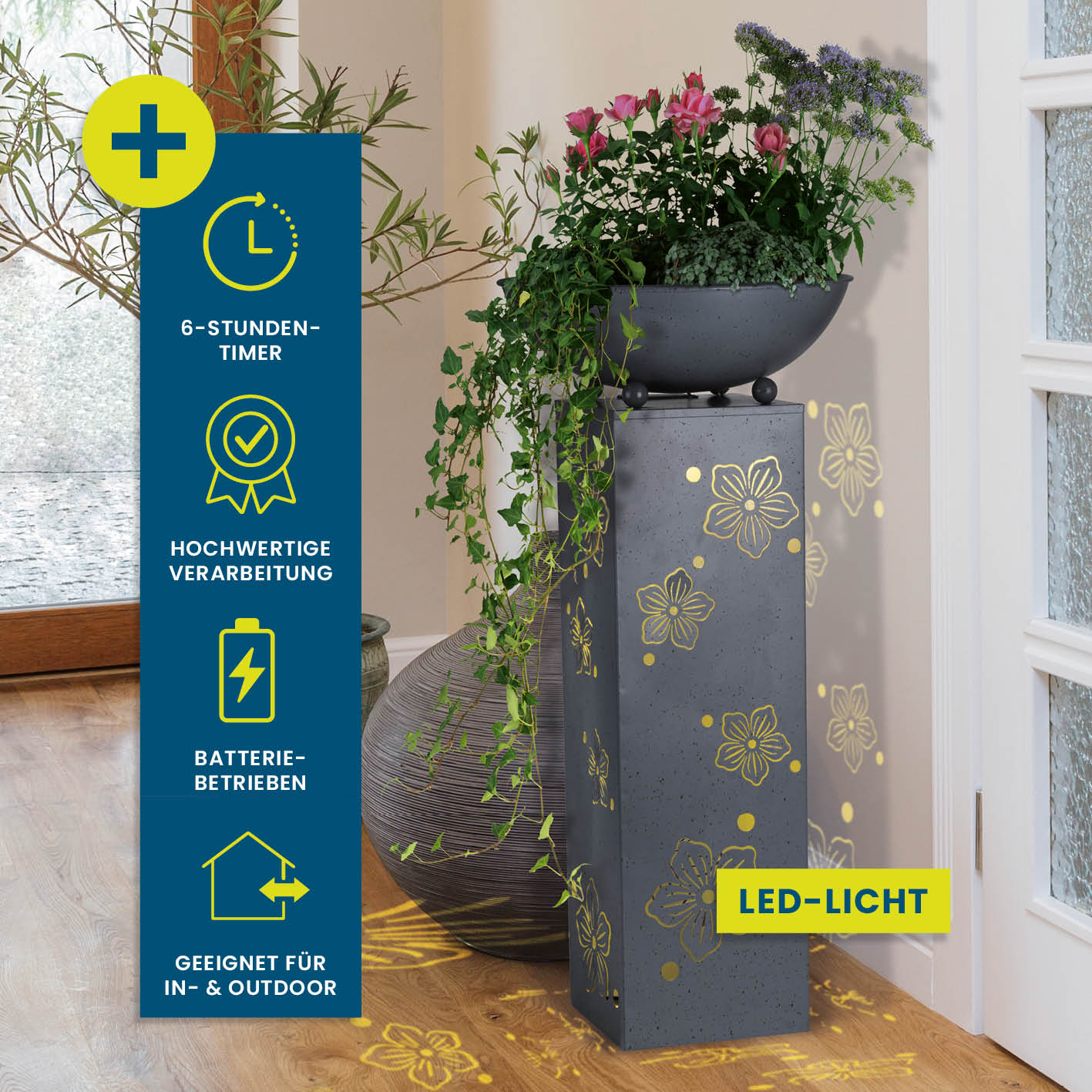 LED Pflanzsäule "Blume" in 3D Beton-Optik mit LED-Beleuchtung, abnehmbarer Pflanzschale, batteriebetrieben und witterungsbeständig.