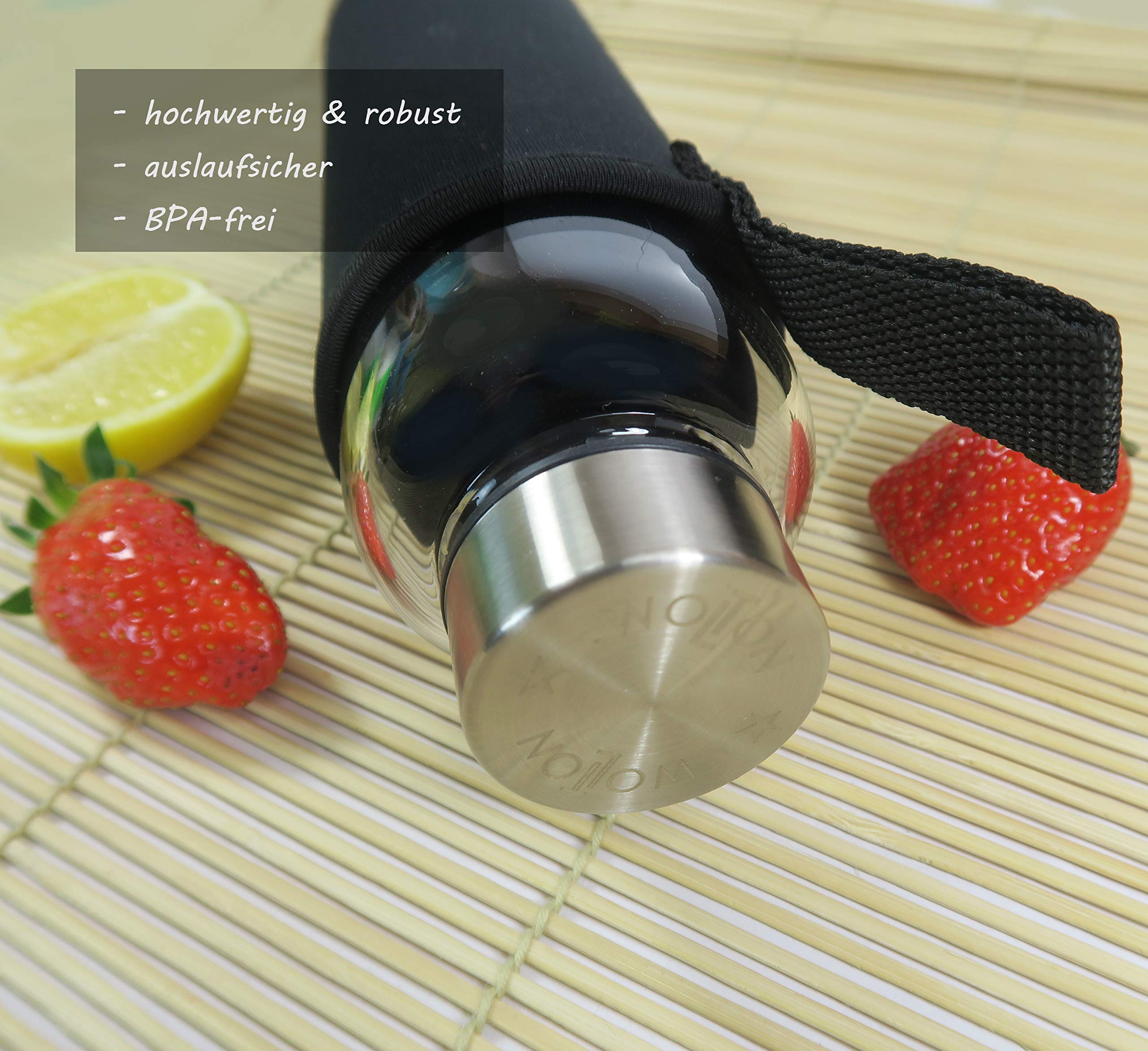 Trinkflasche 1 L - Schwarz mit Neoprenhülle, hochwertigem Edelstahl-Deckel, auslaufsicher und BPA-frei für unterwegs oder Zuhause.