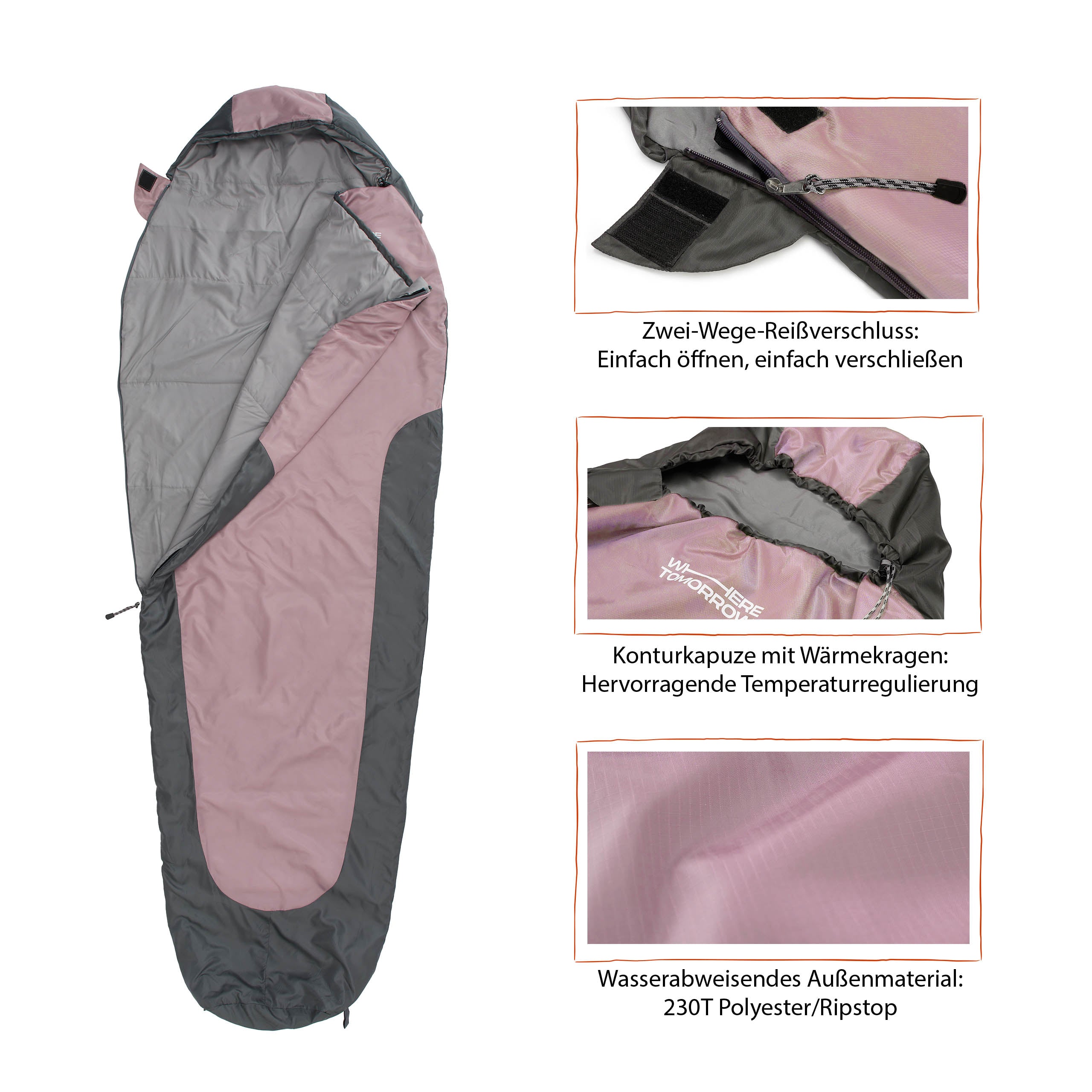 Camping Schlafsack Small & Light Mumienschlafsack in Rose-Grau mit wasserabweisendem Außenmaterial und Wärmekragen.