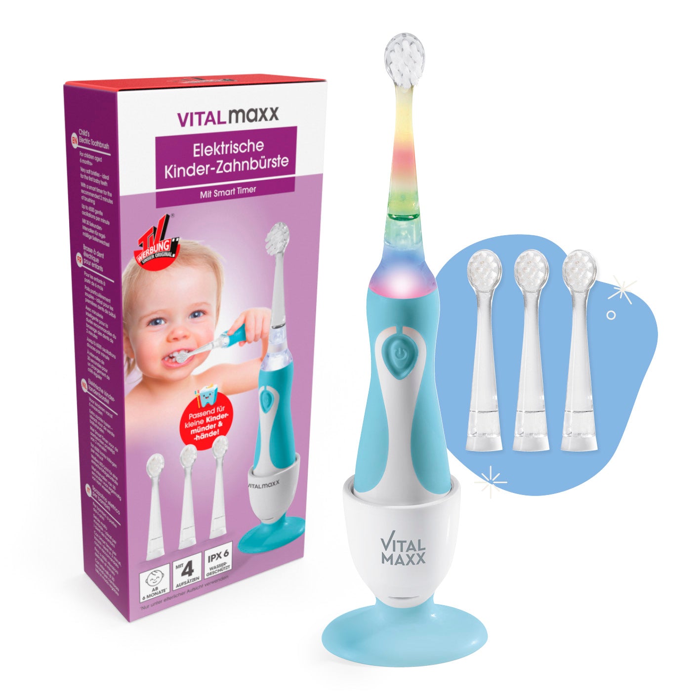 Elektrische Kinder-Zahnbürste mit Smart Timer blau/weiß, 6500 Schwingungen, 30 Sek. Intervall, kindgerecht ab 6 Monate, mit 3 Ersatzbürsten.