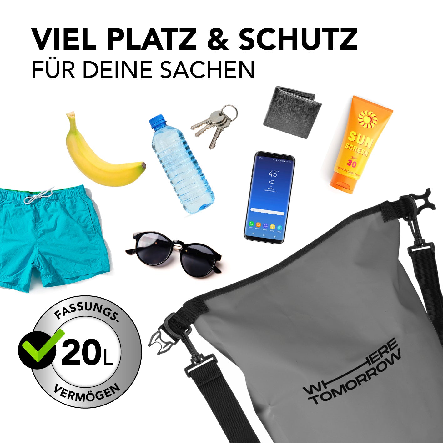Dry Bag 20L - Style 01 - Grau wasserdichter, robuster Outdoor-Rucksack mit 20L Volumen und verstellbarem Schultergurt.
