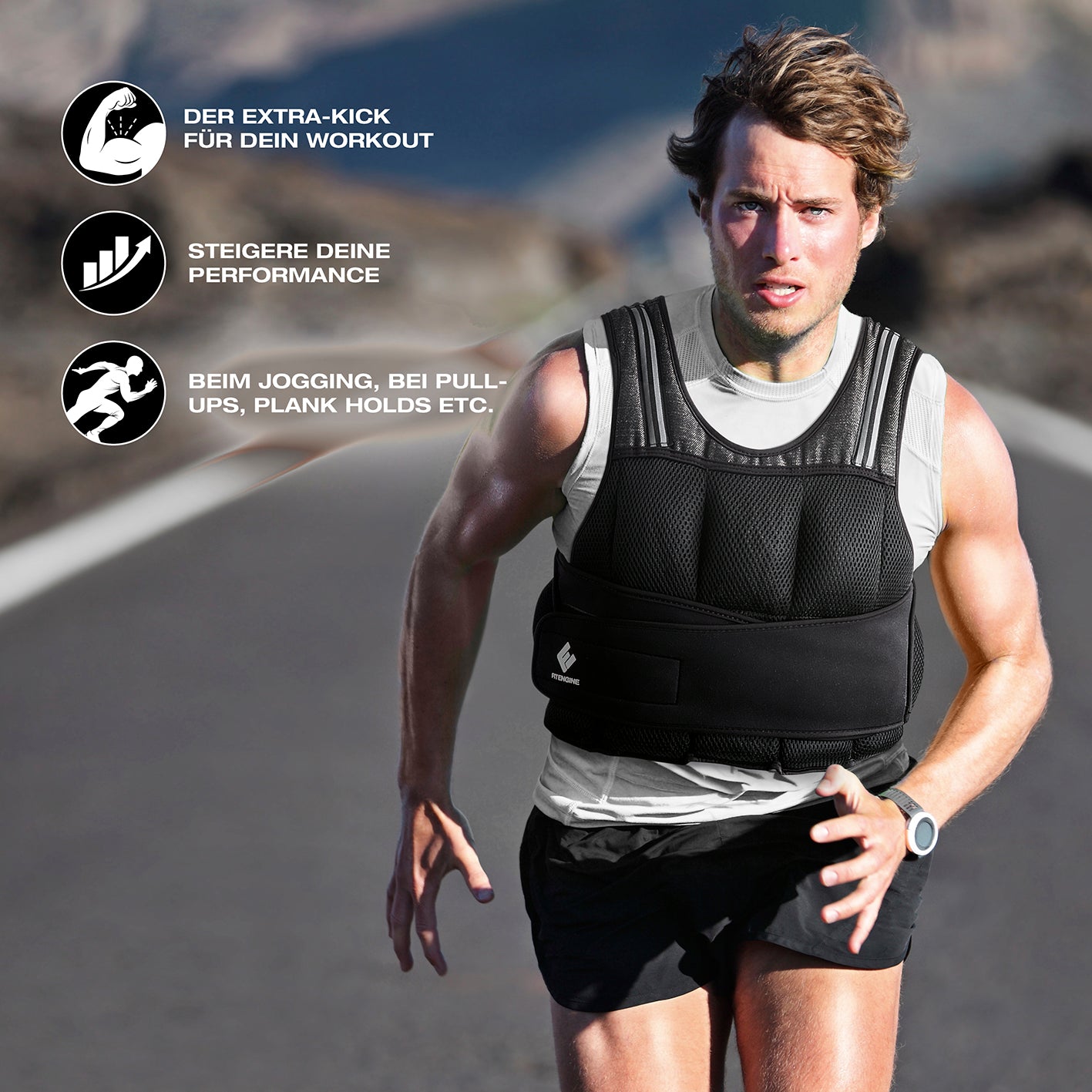 Mann läuft mit Gewichtsweste - 10 kg, verstellbar, atmungsaktiv, ideal für Jogging, Pull-ups und intensives Training.