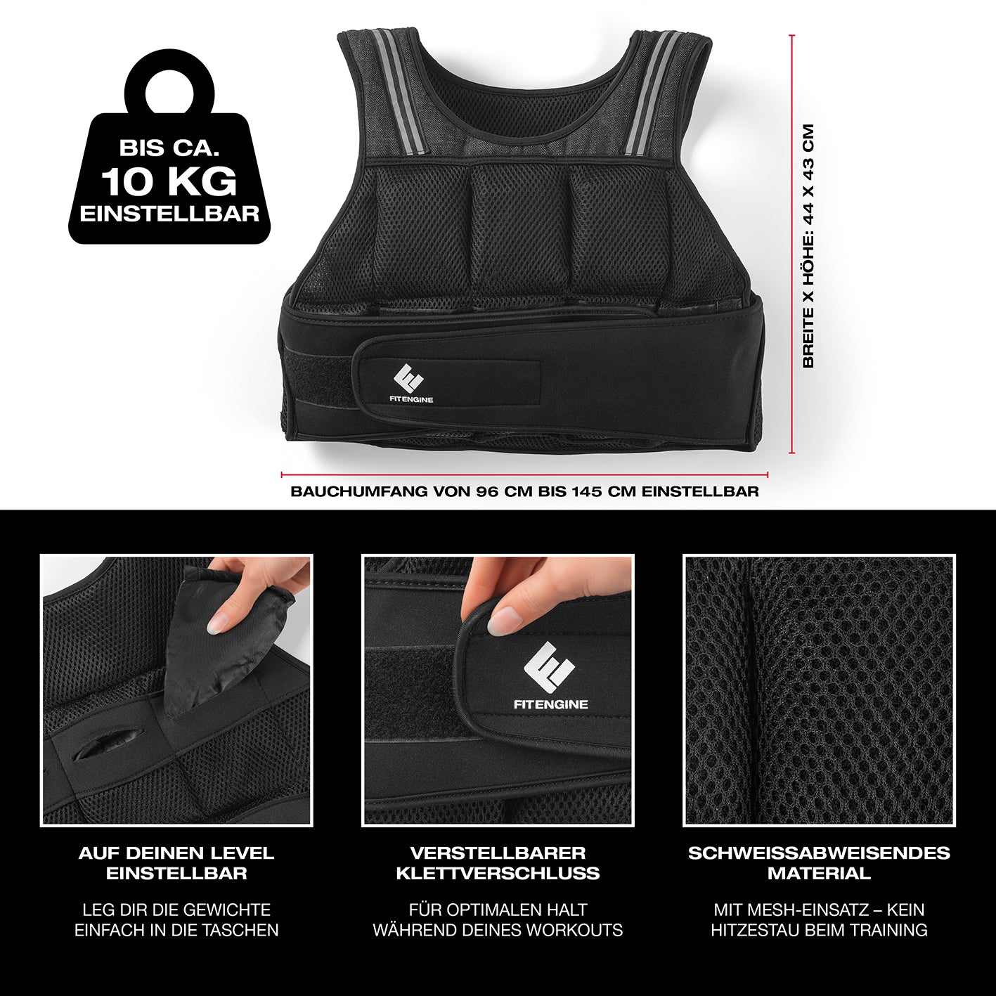 Gewichtsweste - 10 kg mit verstellbarem Klettverschluss, 16 herausnehmbaren Gewichten und schweißabweisendem Mesh-Material.