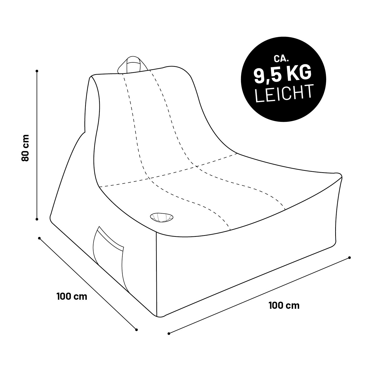 Premium Lounge-Sessel - 380 L - 100 x 100 x 80 cm - Beige mit Trageschlaufe, Seitentasche und Getränkehalter, ca. 9,5 kg leicht, wetterfest.