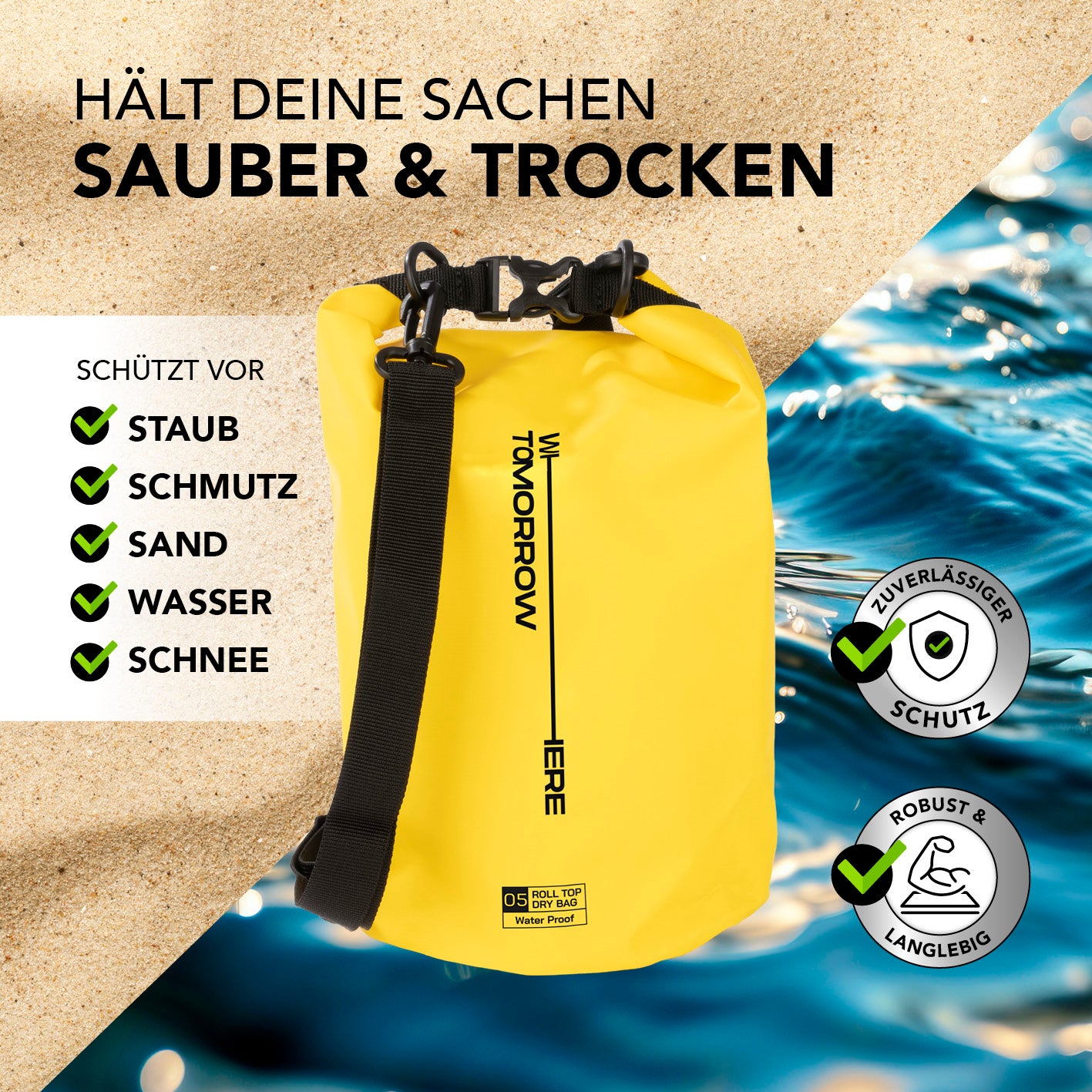 Dry Bag 5L - Style 02 - Gelb wasserdichter, robuster Outdoor-Rucksack mit Rolltopverschluss zum Schutz vor Wasser, Sand, Staub und Schmutz.