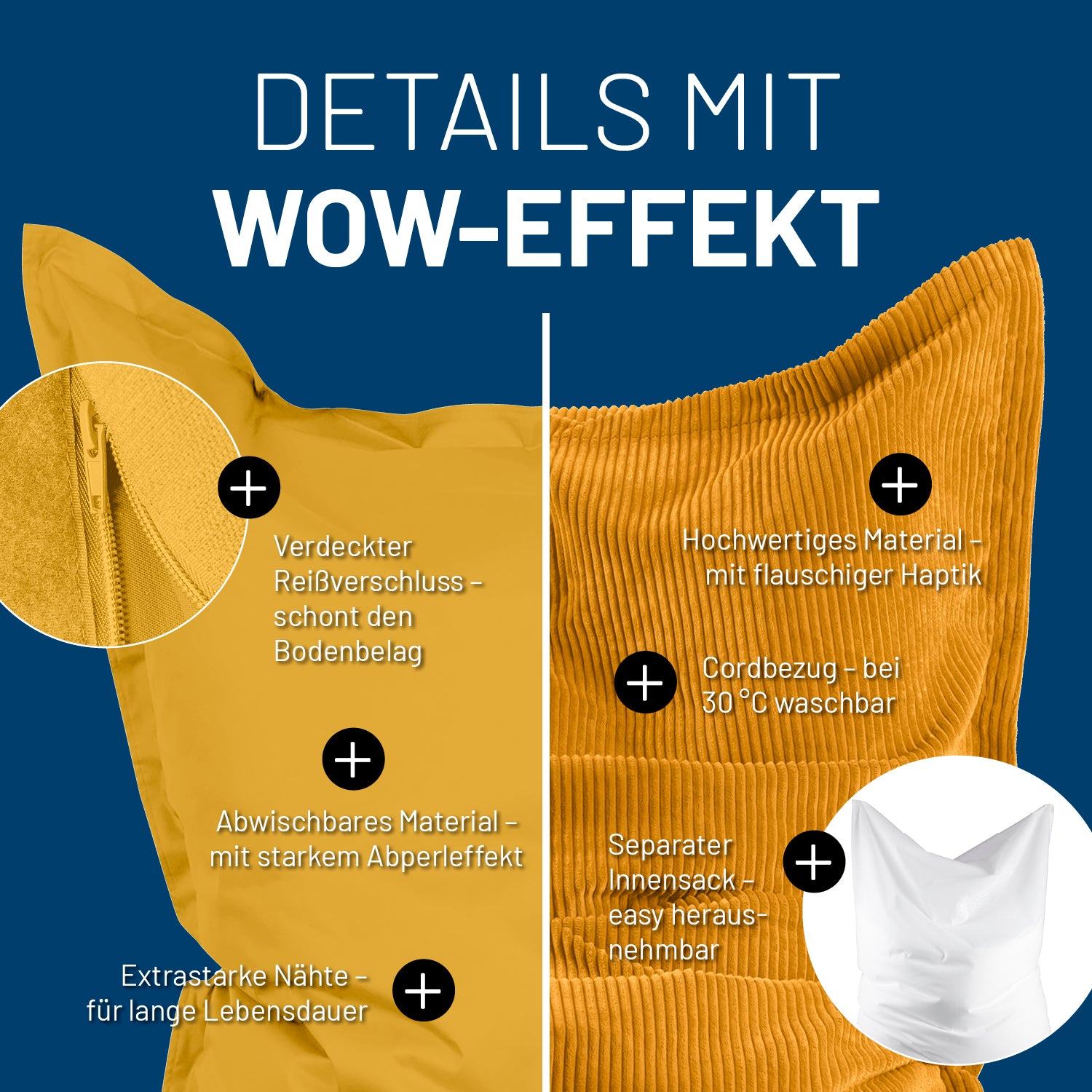 Sitzsack Classic XXL All-in-One Set - 380 L - 140 x 180 cm - Senfgelb mit waschbarem Cordbezug und robustem Outdoor-Material