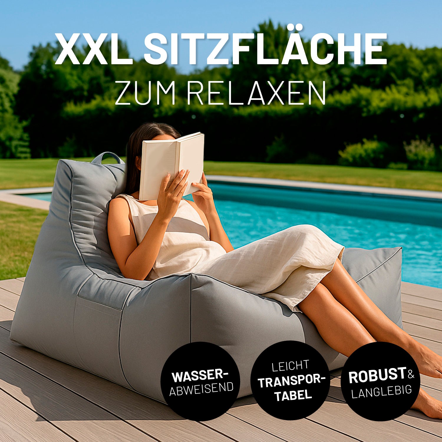 Premium Lounge-Sessel - 380 L - 100 x 100 x 80 cm - Grau mit XXL Sitzfläche, wasserabweisend, leicht transportabel und robust für drinnen und draußen