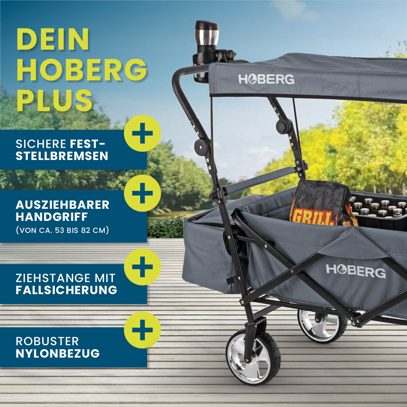 Faltbarer Bollerwagen - Grau mit stabilem Nylonbezug, ausziehbarem Griff, Fallsicherung und sicheren Feststellbremsen von HOBERG.