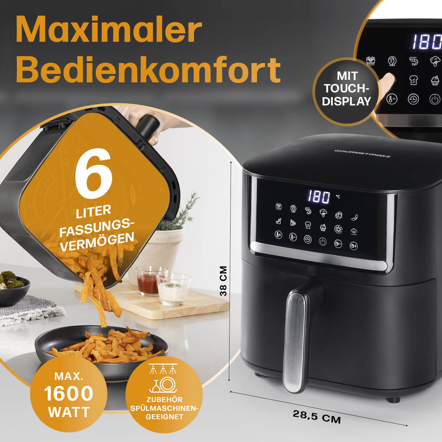 4in1-Heißluftfritteuse - 6 l mit 6 Liter Fassungsvermögen, Touch-Display und maximalem Bedienkomfort von GOURMETmaxx.