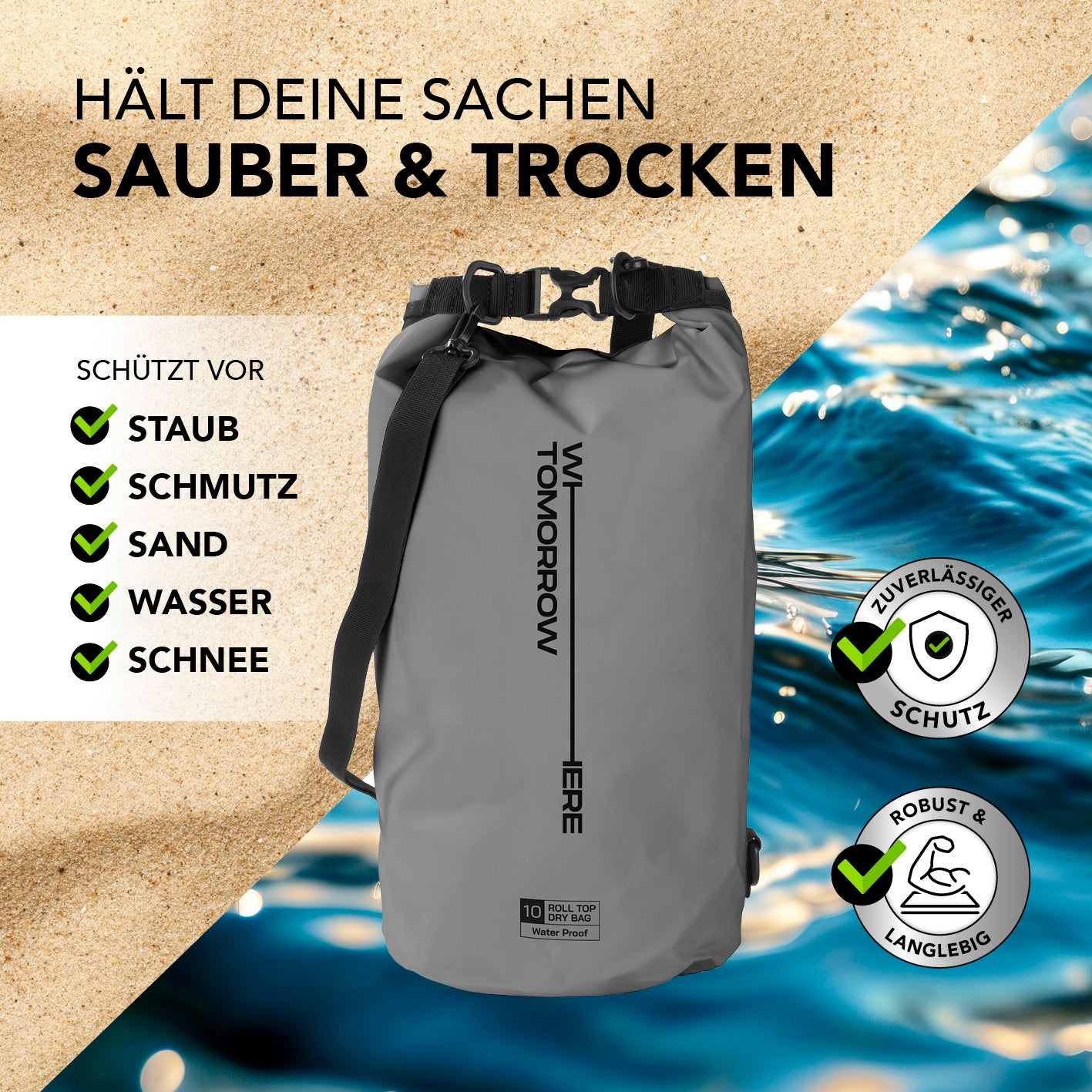 Dry Bag 10L - Style 02 - Grau, wasserdichter und robuster Outdoor-Rucksack mit Rolltop-Verschluss zum Schutz vor Staub, Wasser und Sand.