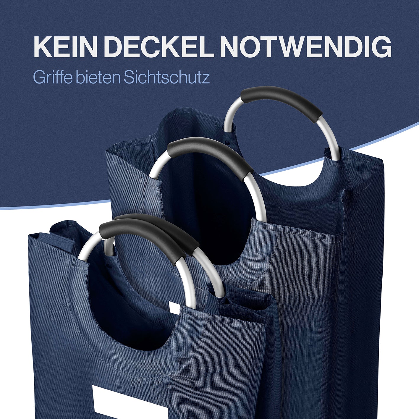 Faltbarer Wäschekorb - Dunkelblau mit wasserabweisendem Polyester und zwei robusten Griffen für einfachen Transport und Sichtschutz.
