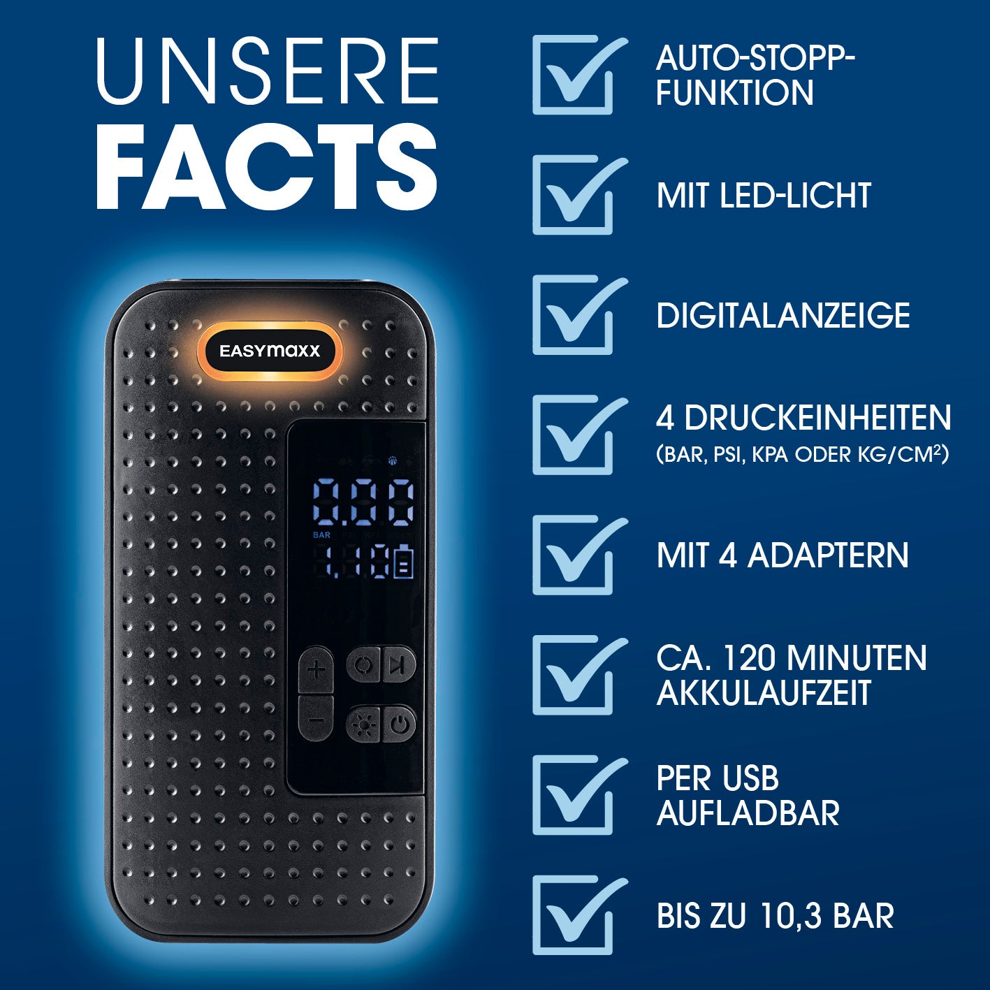 Akku-Handkompressor mit LED-Licht, Digitalanzeige, Auto-Stopp, 4 Adaptern, USB ladbar und bis zu 10,3 bar Druckleistung.