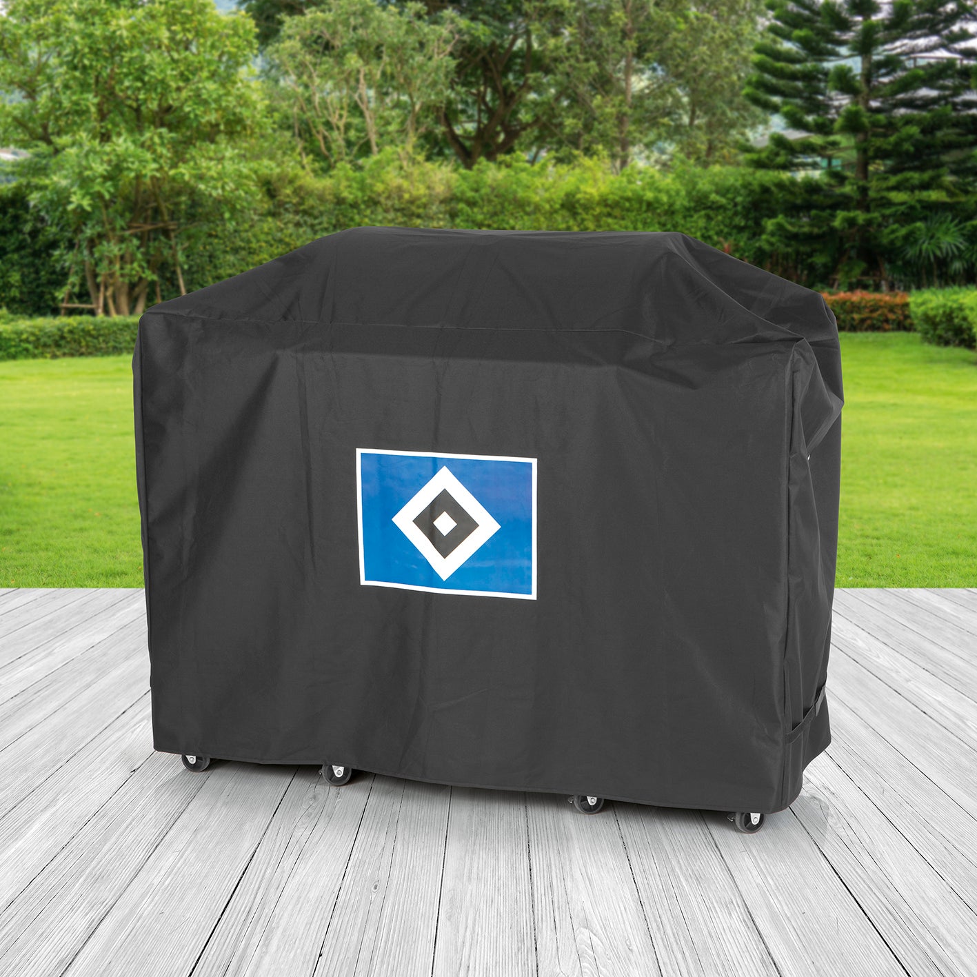 Wetterschutzhaube XL - schwarz mit Logo aus robustem, wasserdichtem Polyester mit Ventilationsöffnungen, UV- und kältebeständig.