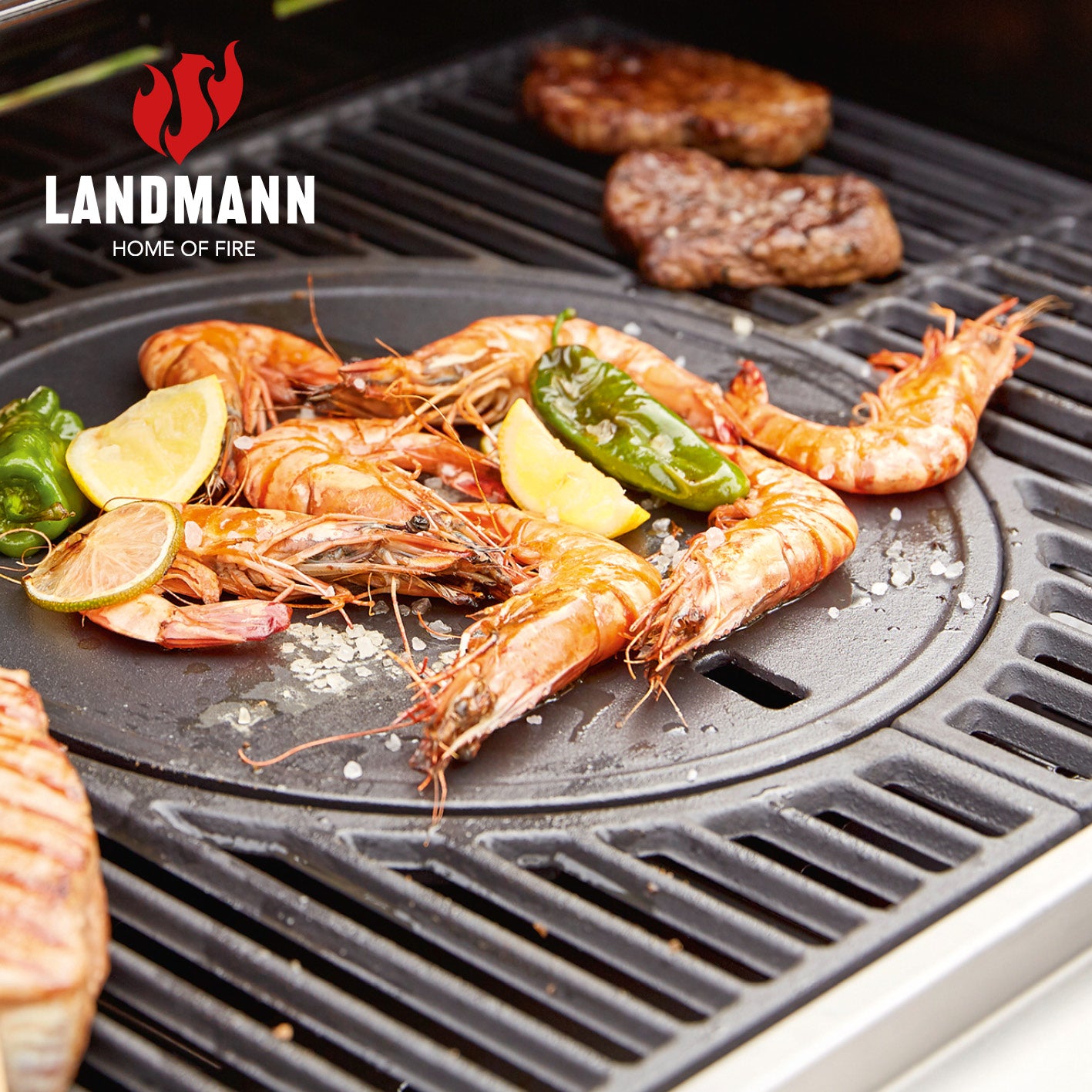 Gasgrill Rexon 2.0 mit 2 stufenlos einstellbaren Edelstahl-Brennern und emaillierten Grillrosten, perfekt zum Grillen von Garnelen und Steaks.
