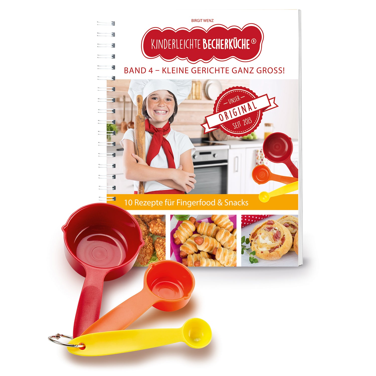 Rezeptbuch inkl. Messbecher-Set - Band 4 - Kleine Gerichte ganz groß! mit 10 Kinderrezepten und farbigen Messbechern.