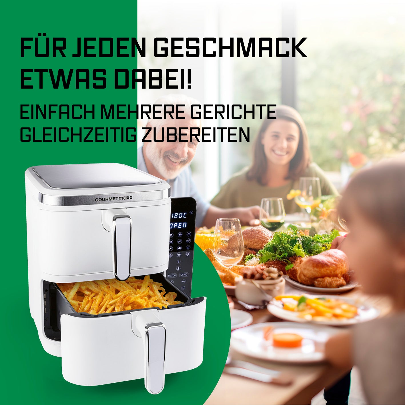 FryUp Vertikale Doppelkammer-Heißluftfritteuse - Weiß mit 2 Kammern für gleichzeitiges Garen mehrerer Gerichte.
