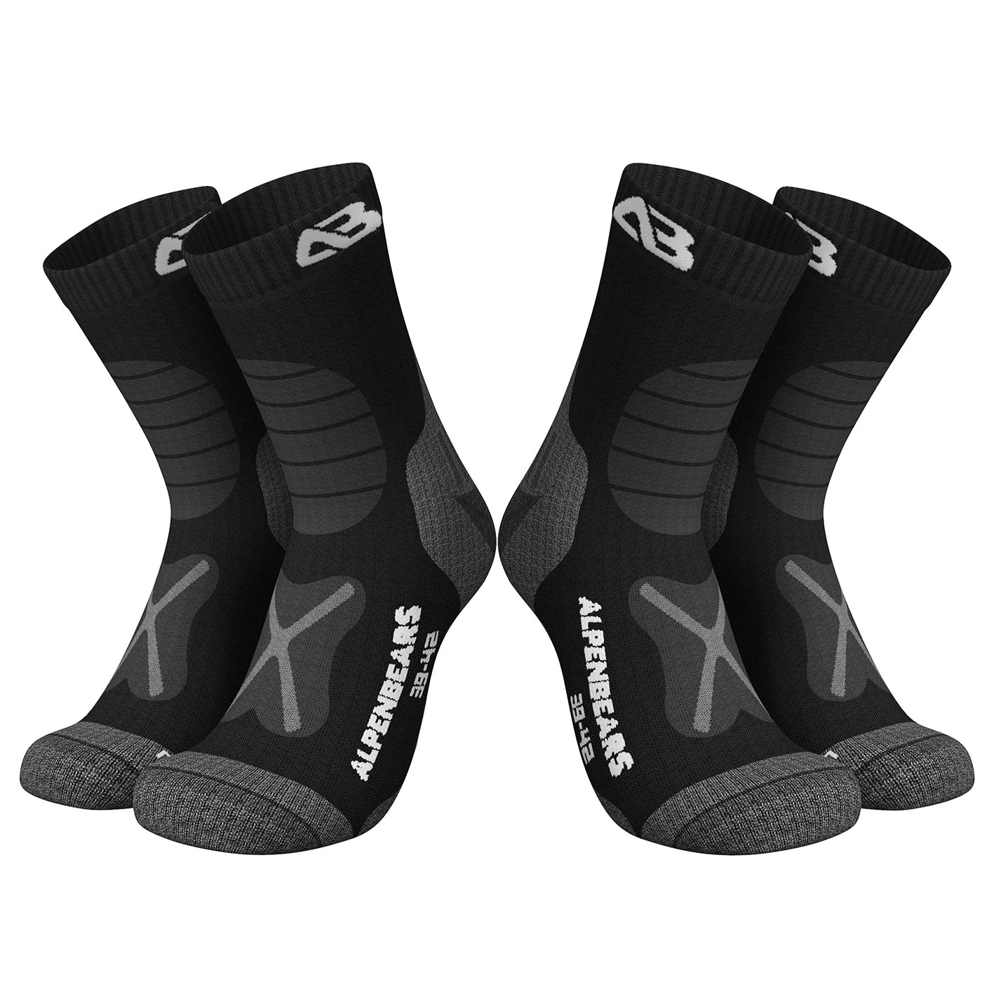 Wandersocken Merinowolle - 2er-Set in Schwarz Größe 39-42, atmungsaktiv, gepolstert, anti-Blasen, ideal für Wandertouren.