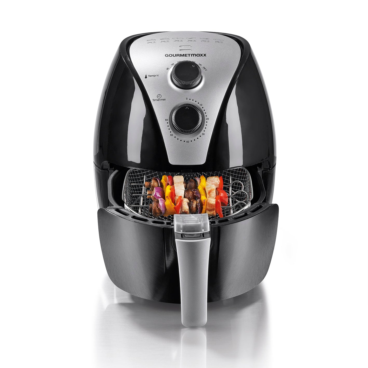 Grillrost Edelstahl für die Heißluft-Fritteuse 2,6 l in GOURMETmaxx Heißluft-Fritteuse mit Gemüse- und Fleischspießen.