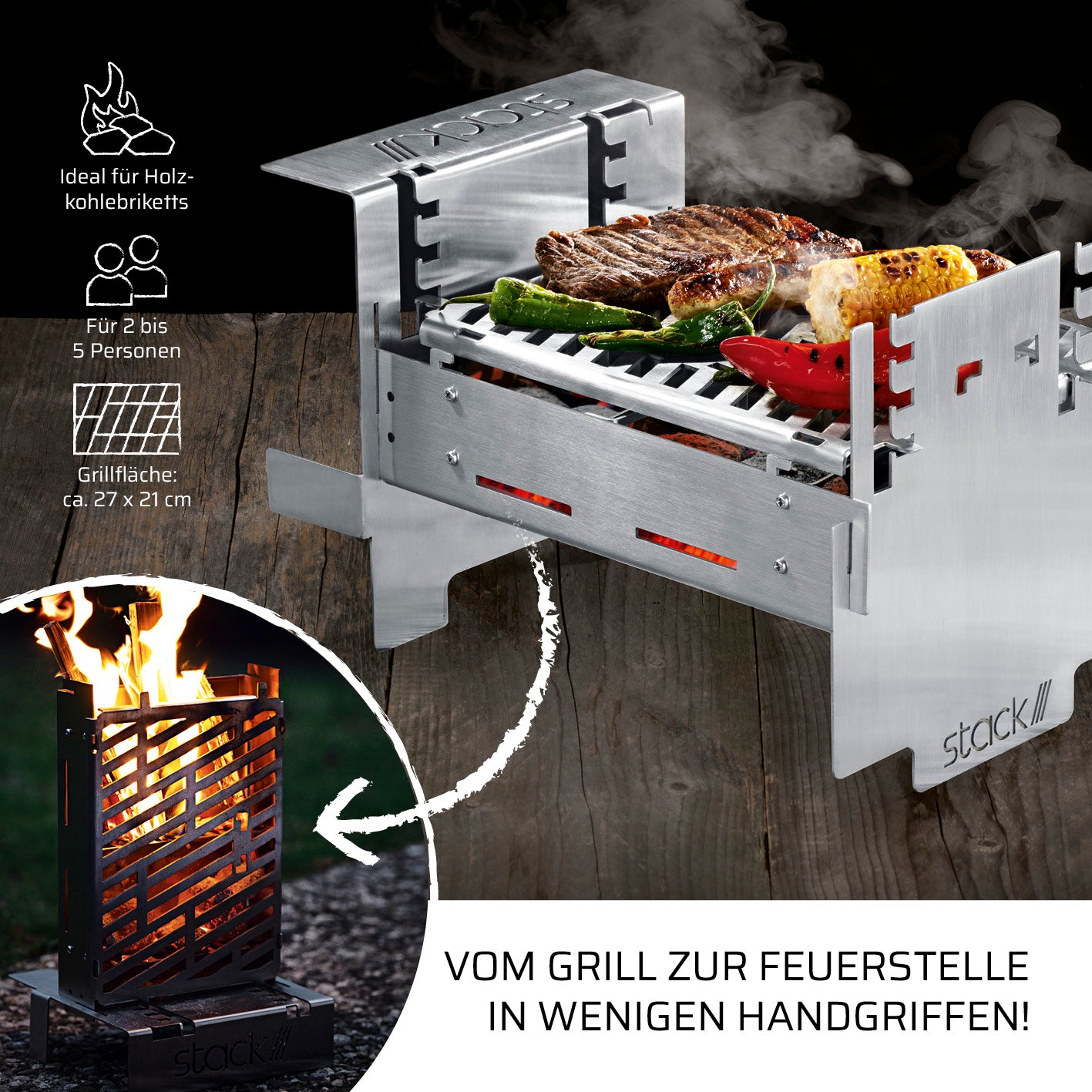 Grill und Feuerstelle mobiler Grill mit Stecksystem, höhenverstellbarer Rost, ideal für 2-5 Personen, Grillfläche ca. 27 x 21 cm.