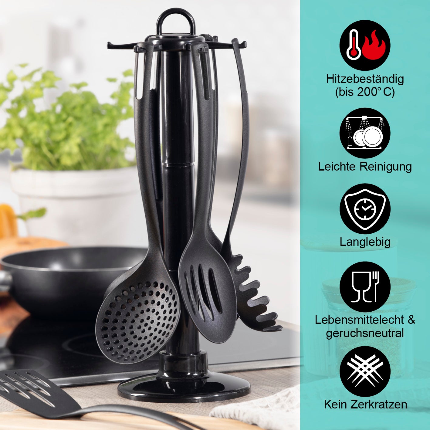 Küchenhelfer-Set mit praktischem Ständer - 7-teilig, hitzebeständig, spülmaschinengeeignet, pfannenschonend, mit Organizer für ordentliche Küche.