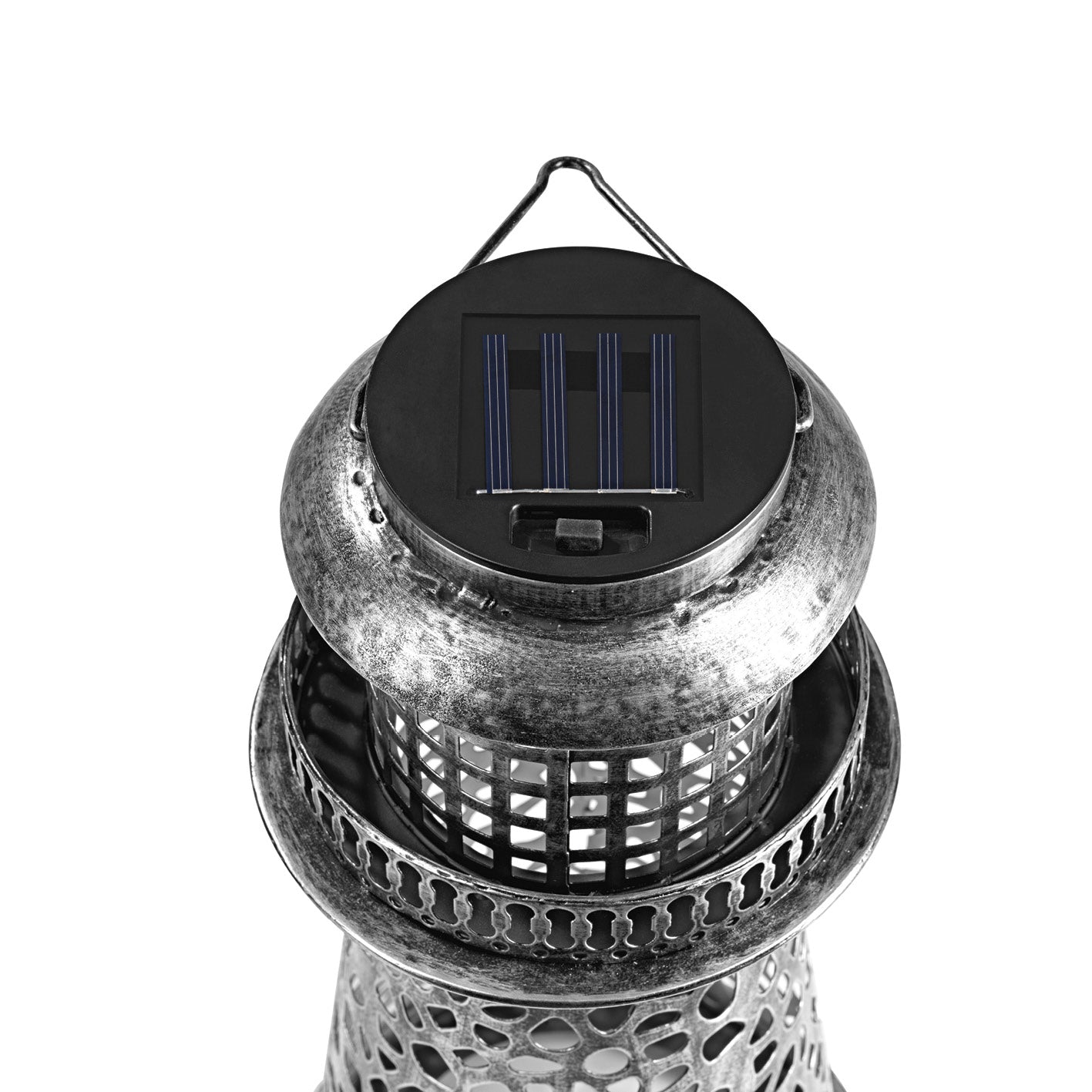 Solar-Leuchte Leuchtturm - silber, kabellose Solar-Deko mit perforiertem Metall-Design und LED-Licht für Garten und Terrasse.