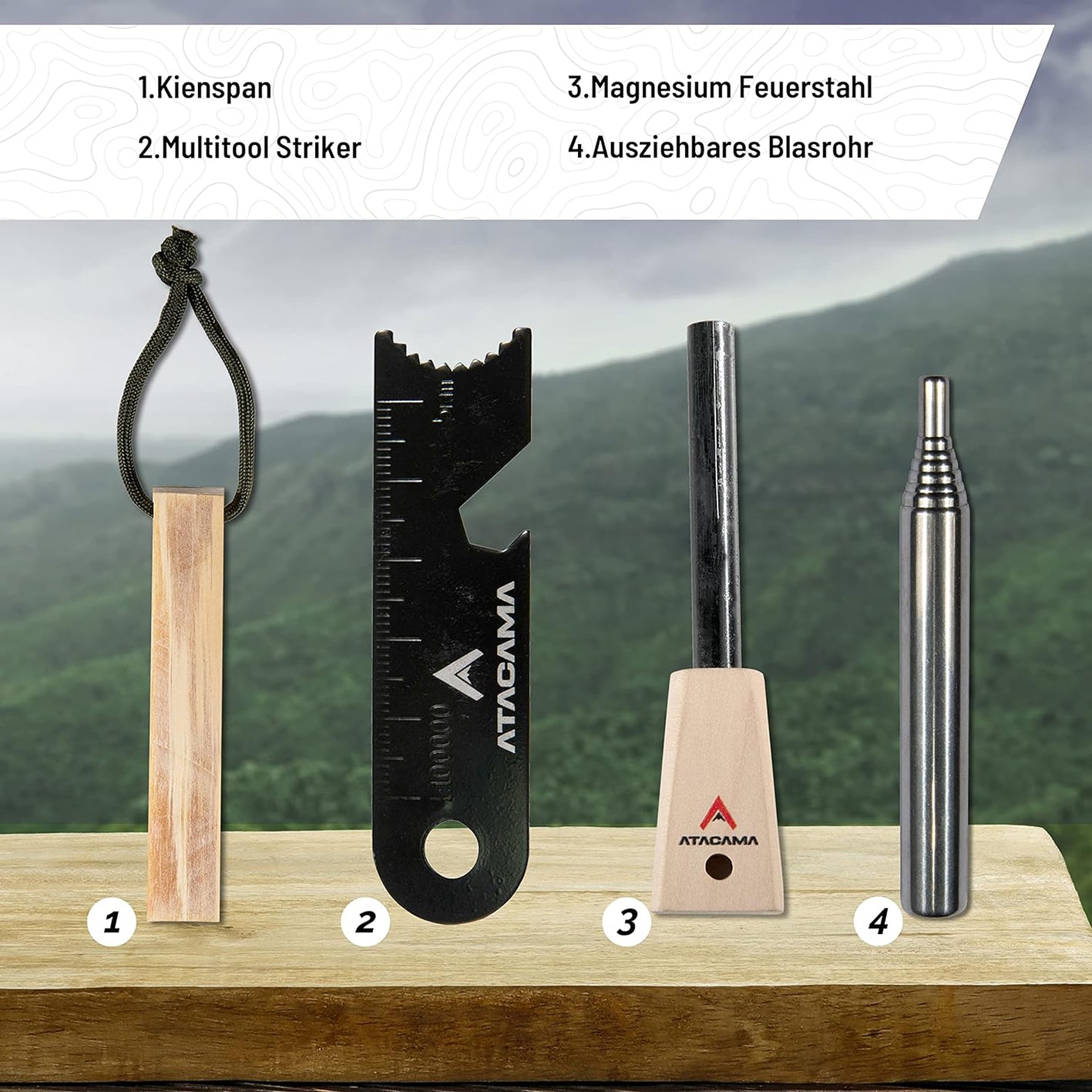 Feuerstahl Set - 7 tlg. - Wasserfest mit Kienspan, Multitool Striker, Magnesium Feuerstahl und ausziehbarem Blasrohr für Outdoor und Survival.