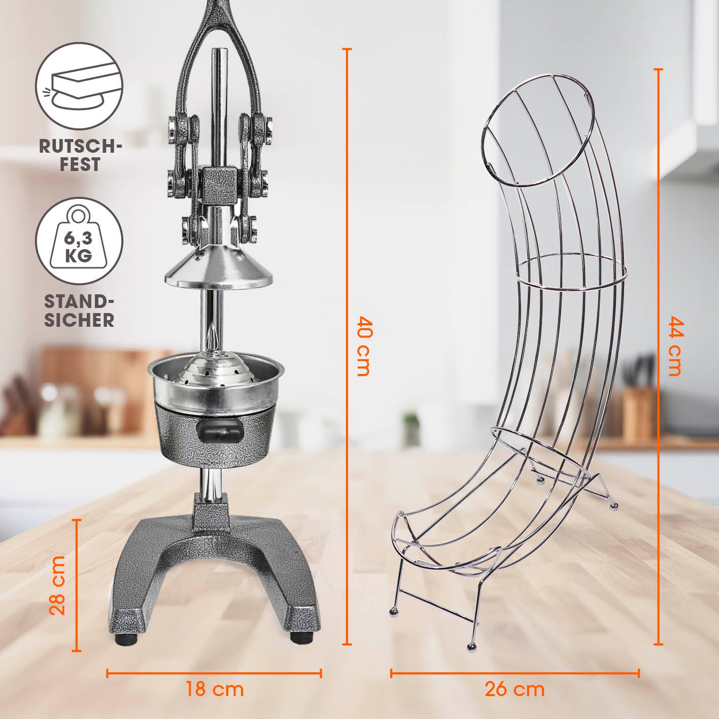 Manuelle Saftpresse + Orangenständer - Silber mit stabilem Gusseisen, verchromtem Orangenhalter und rutschfestem Design für einfache Saftgewinnung.