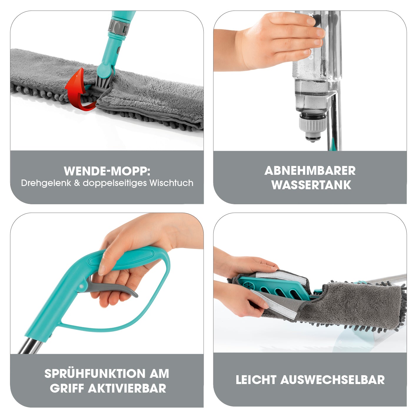 Spray-Mopp mit Wendefunktion - türkis mit Wende-Mopp, abnehmbarem Wassertank, Sprühfunktion am Griff und leicht wechselbarem Wischtuch.