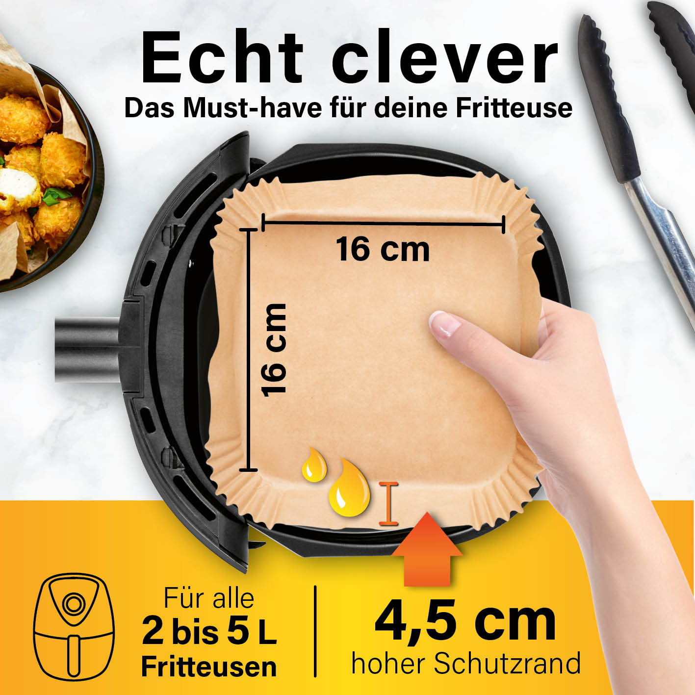 Backpapierschalen für Heißluftfritteusen (2–5 l) – 50 Stück, 16x16x4,5 cm, hitzebeständig mit hohem Rand für sauberes Frittieren.