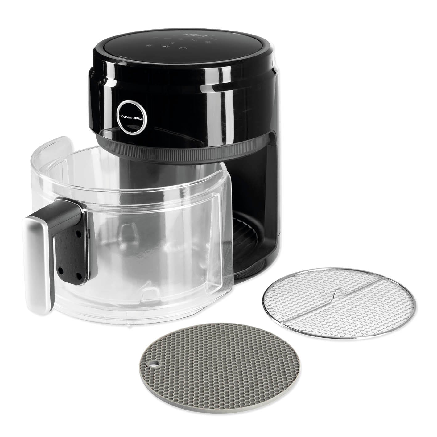 Heißluft-Fritteuse Digital mit Glas-Garkorb - 3,3 l - schwarz mit 60-Minuten-Timer und Touch-Display zur einfachen Bedienung.