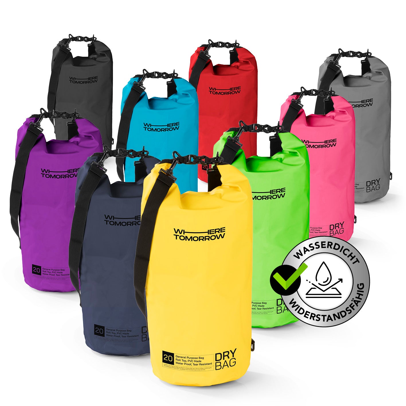 Dry Bag 20L - Style 01 - Gelb, wasserdichter, robuster Outdoor-Rucksack mit UV-Schutz und verstellbarem Schultergurt.