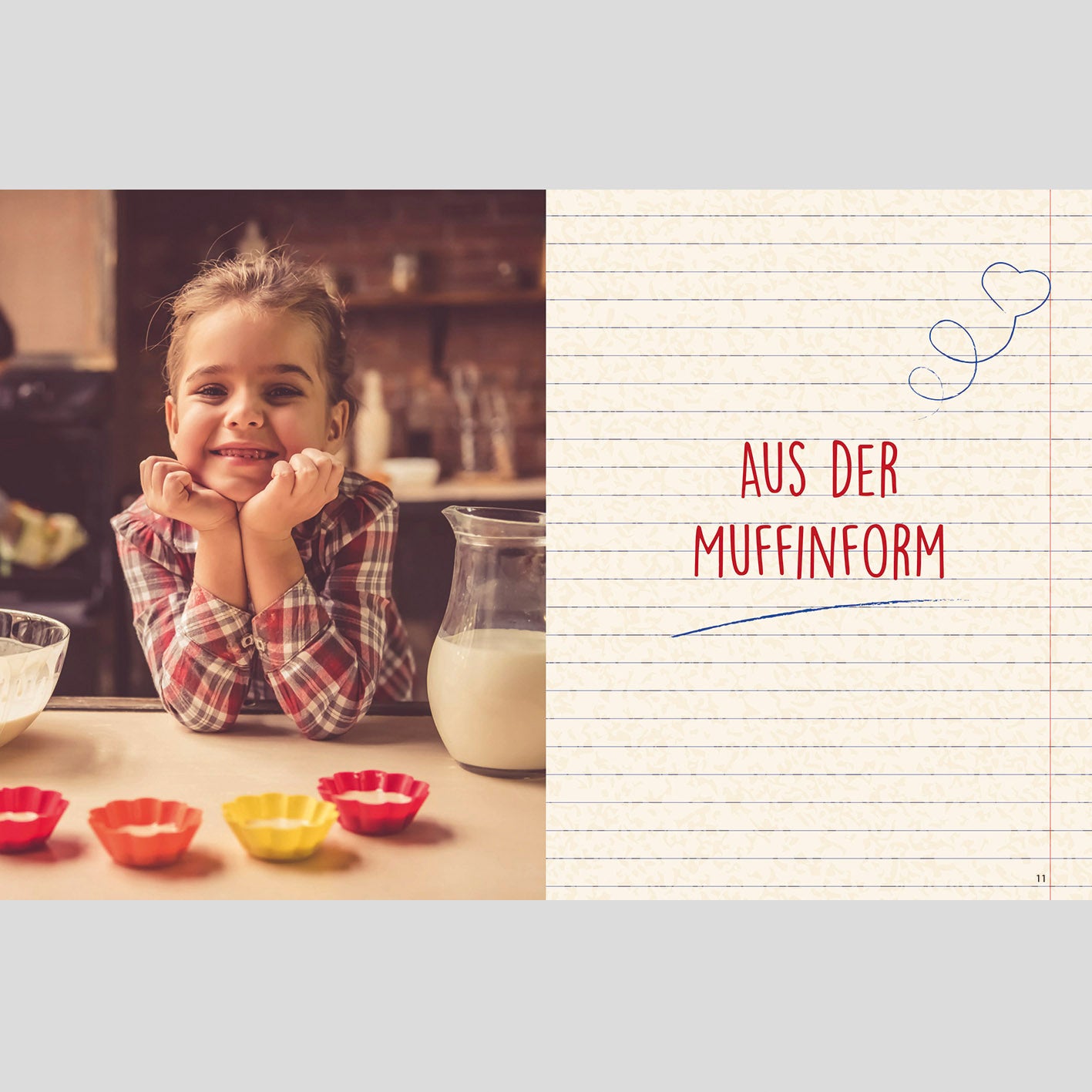 Rezeptbuch inkl. Messbecher-Set - Band 4 - Kleine Gerichte ganz groß! zeigt Mädchen vor Muffinform mit Milch und Backzutaten
